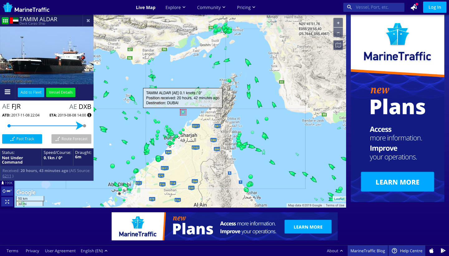 The location of the MV Tamim Aldar on a marine traffic monitoring website