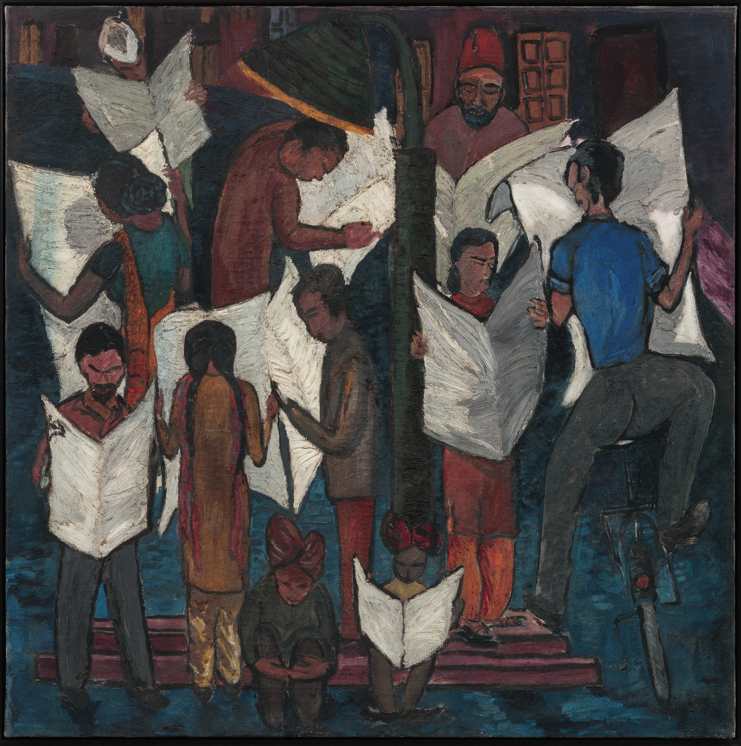 Krishen Khanna, News of Gandhiji’s Death, 1948, Oil on canvas.

In 1948, Mahatma Gandhi was shot by right-wing religious extremists. Khanna’s painting is a balancing act of horror and hope. Here, newspapers are clutched in the hands of people from the different faiths of India’s population Muslims, Christians, and Hindus all gather in grief. As we step back from the painting we realise that the fragmented group comes together to form a map of the subcontinent. ZJ