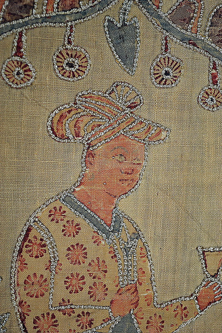 Detail of conservation of painted and dyed cotton (chintz) from Coromandel coast Ca.1640-50, Victoria & Albert Museum, London.