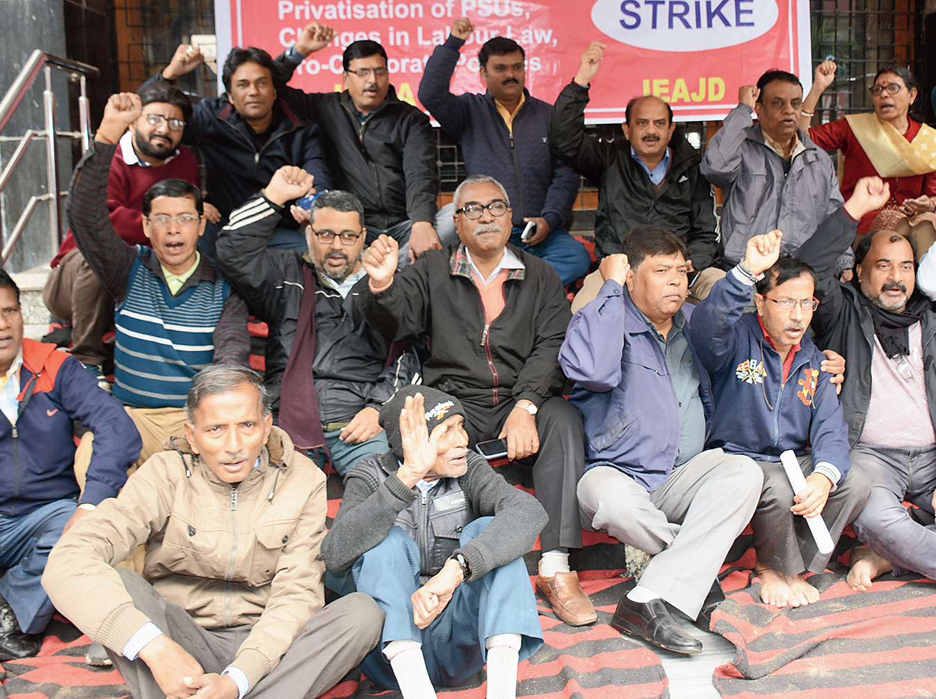 Employees stage a dharna outside the closed LIC office in Jamshedpur.