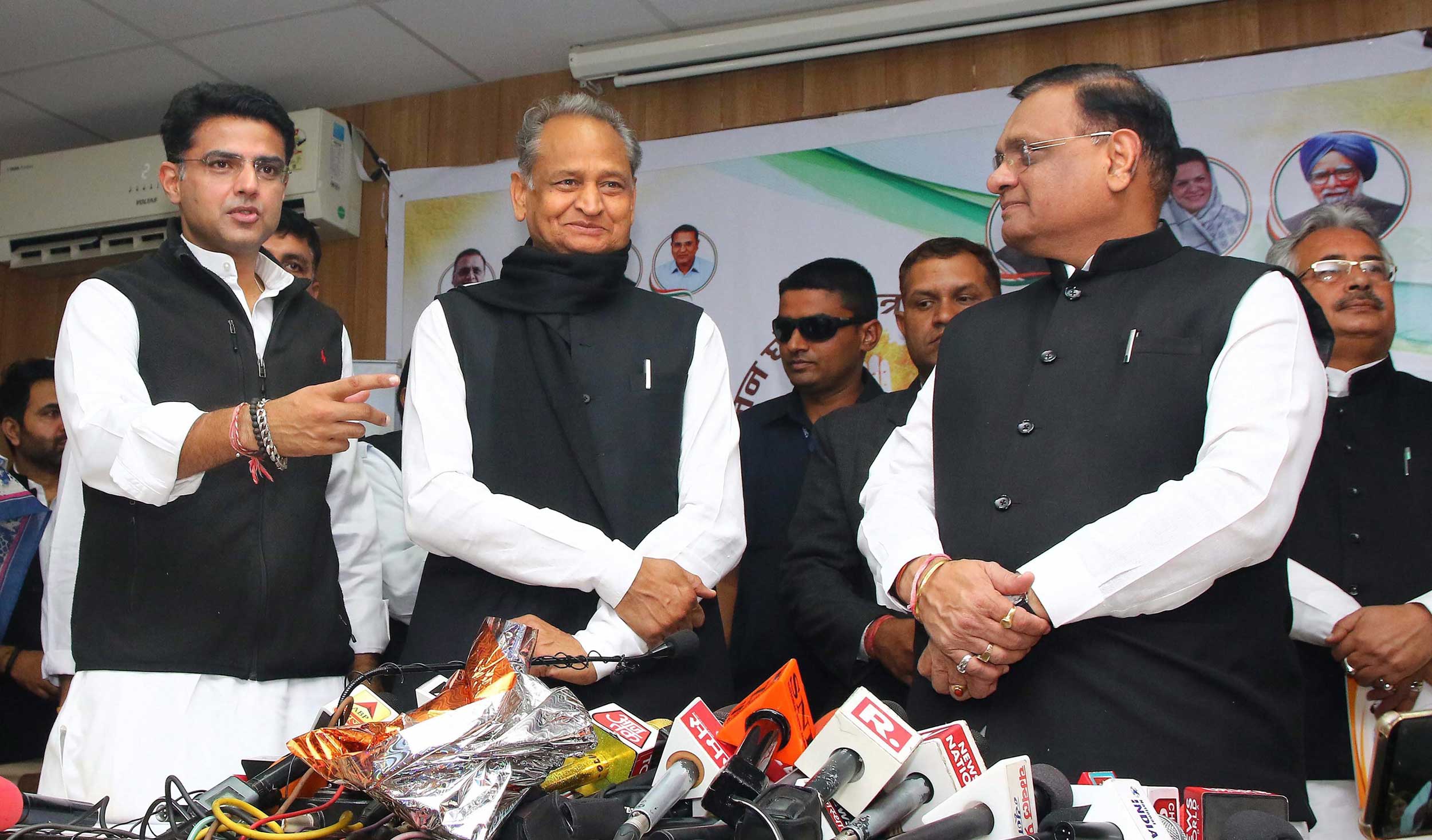 Rajasthan Congress chief Sachin Pilot and Congress general secretary Ashok Gehlot during the release of the party manifesto for the Rajasthan Assembly elections  in Jaipur on Thursday.