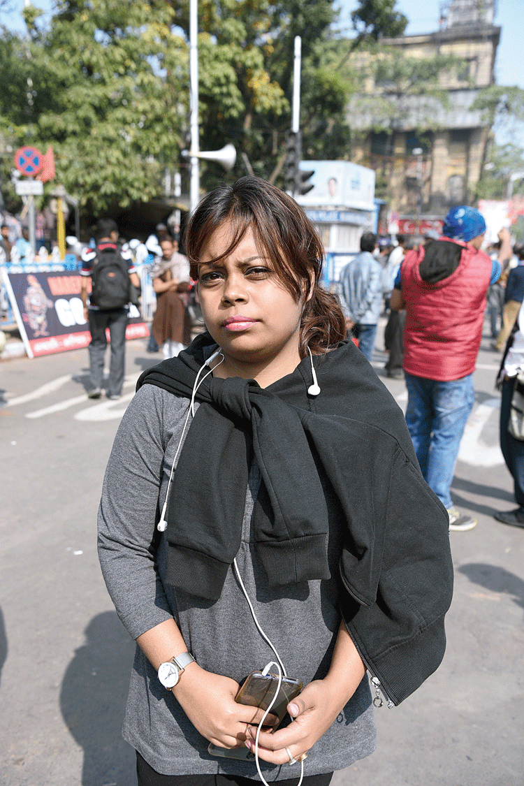 Sayantani Banerjee, student of hospitality management 
Sayantani took part in a rally near the airport on Saturday and came to Esplanade after that. She was at Metro channel till 11pm on Saturday and returned on Sunday morning. “Our aim was to stop Modi if he took VIP Road from the airport. But he fled in a chopper,” she said. “I will take part in all protests against CAA, NRC and NPR. I will not allow NRC to be implemented here. I have been a part of a group called ‘No-NRC Movement’, which was set up in September. Since I wrote actively against the BJP on Facebook, someone reported my profile and it was blocked for some time.”